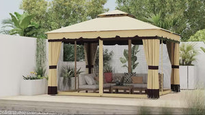 Gazebo à double toit 3 x 3,6 m avec moustiquaire et rideaux, beige