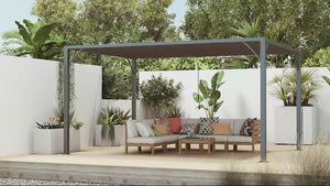 Pergola d'extérieur 3,90 m x 2,95 m avec toit rétractable et piquets de fixation au sol, grise