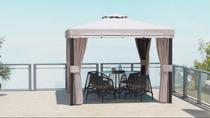 Gazebo à deux niveaux de 3 m x 3 m avec parois en filet zippées et structure en aluminium, couleur café