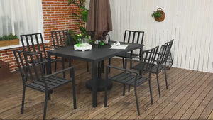 7-Piece Garden Dining Set with Table & 6 Stackable Chairs Umbrella Hole Black