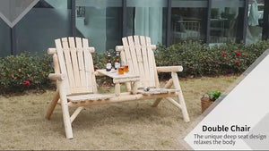 2-Seat Adirondack Loveseat with Fire Pit Table, Natural Wood Finish