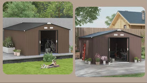 Abri de jardin métallique EverBase 3,35 m x 3,96 m avec kit de fondation et double porte, marron
