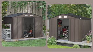 EverBase 9 x 6ft Metal Garden Shed with Double Sliding Doors & Shutter Vents, Brown