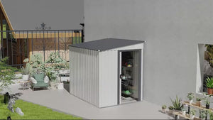 Abri de jardin métallique adossé de 1,5 m x 2,1 m avec porte coulissante et étagères, blanc