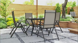 5-Piece Garden Dining Set with 4 Back Folding Chairs Square Table & Parasol Hole Khaki