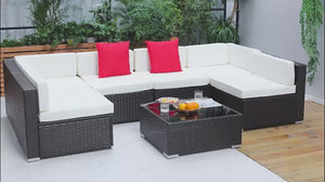7-Piece PE Rattan Sectional Sofa Set with Glass Top and Cushions, Beige