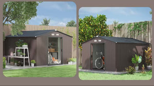 9' x 11' Metal Garden Storage Shed with Foundation Kit & Double Doors, Brown