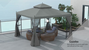 10' x 12' Patio Gazebo with Corner Shelves, Double Roof & Netting, Gray