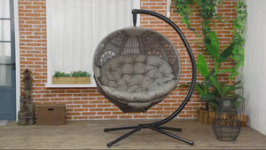 Outdoor Hanging Chair with Stand Padded Cushion Foldable Basket & Side Pocket Sand