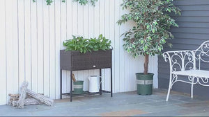 PE Rattan Raised Planter Bed with Tool Storage Shelf for Plants, Flowers, Herbs, Brown