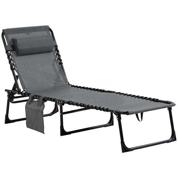Folding Lounge Chair, Reclining Tanning Chair, Portable Sun Lounger with Adjustable Backrest and Removable Pillow for Patio, Garden, Beach, Grey