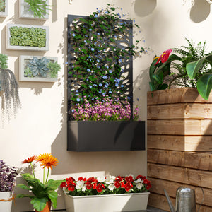 Metal Raised Garden Bed with Trellis for Climbing Plants, Freestanding or Wall Mounted Flower Bed with Privacy Panel, Leaves Cut-Outs Outdoor Planter Box for Garden, Patio, Balcony