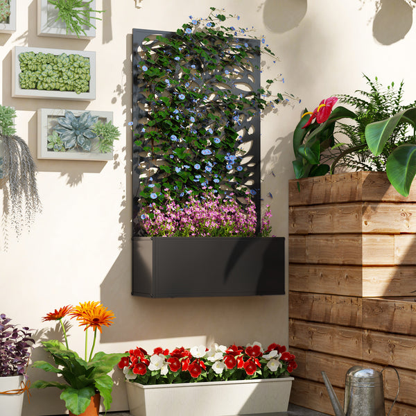 Metal Raised Garden Bed with Trellis for Climbing Plants, Freestanding or Wall Mounted Flower Bed with Privacy Panel, Leaves Cut-Outs Outdoor Planter Box for Garden, Patio, Balcony