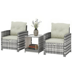 5 Piece Patio Furniture Set, Wicker Patio Chairs with Ottomans, 2-Tier Glass Coffee Table, Cushions, Outdoor Patio Furniture Conversation Set for Balcony, Grey/Cream White
