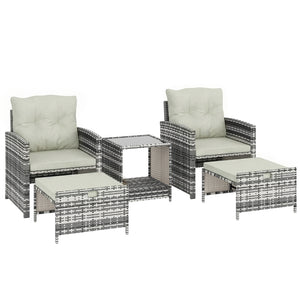 5 Piece Patio Furniture Set, Wicker Patio Chairs with Ottomans, 2-Tier Glass Coffee Table, Cushions, Outdoor Patio Furniture Conversation Set for Balcony, Grey/Cream White