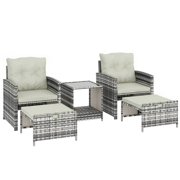 5 Piece Patio Furniture Set, Wicker Patio Chairs with Ottomans, 2-Tier Glass Coffee Table, Cushions, Outdoor Patio Furniture Conversation Set for Balcony, Grey/Cream White