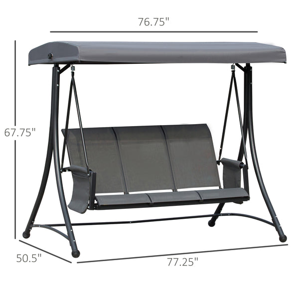 3 Person Porch Swing Outdoor Swing Chair with High Back Design, Side Pouches and Adjustable Canopy, Dark Grey