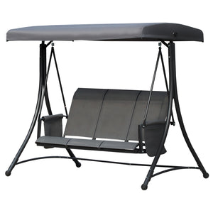 3 Person Porch Swing Outdoor Swing Chair with High Back Design, Side Pouches and Adjustable Canopy, Dark Grey