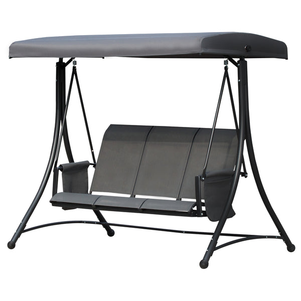3 Person Porch Swing Outdoor Swing Chair with High Back Design, Side Pouches and Adjustable Canopy, Dark Grey