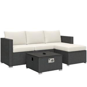 5 Piece Rattan Garden Furniture Set with Gas Fire Pit Table, 4 Seater Outdoor Sectional Sofa Set with Footstool and Removable Cushions, Modular Combination, Black and Cream White