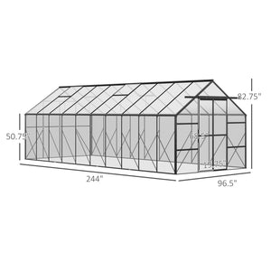 Outsunny 20' x 8' Aluminum Greenhouse Polycarbonate Walk-in Garden Greenhouse Kit with Adjustable Roof Vent, Rain Gutter and Sliding Door for Winter, Clear
