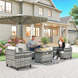 5 Pieces PE Rattan Garden Furniture Set with Gas Fire Pit Table, Loveseat Sofa, Armchairs, Patio Sofa Set with Cushions, Pillows, for Poolside, Grey