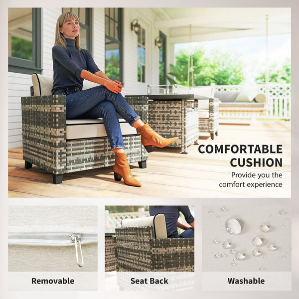 5 Pieces PE Rattan Garden Furniture Set with Gas Fire Pit Table, Loveseat Sofa, Armchairs, Patio Sofa Set with Cushions, Pillows, for Poolside, Grey