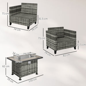 5 Pieces PE Rattan Garden Furniture Set with Gas Fire Pit Table, Loveseat Sofa, Armchairs, Patio Sofa Set with Cushions, Pillows, for Poolside, Grey