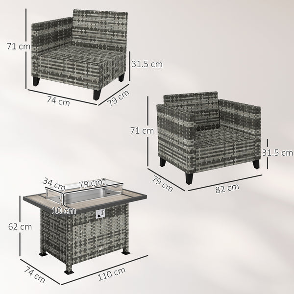 5 Pieces PE Rattan Garden Furniture Set with Gas Fire Pit Table, Loveseat Sofa, Armchairs, Patio Sofa Set with Cushions, Pillows, for Poolside, Grey