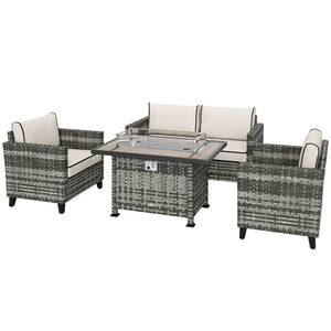 5 Pieces PE Rattan Garden Furniture Set with Gas Fire Pit Table, Loveseat Sofa, Armchairs, Patio Sofa Set with Cushions, Pillows, for Poolside, Grey