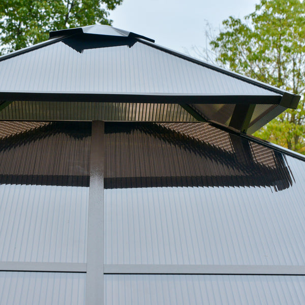 10' x 10' 2-Tier Outdoor Gazebo Canopy Tent with Polycarbonate Roof, Hardtop Gazebo with Curtains and Netting, for Garden, Lawn, Backyard, Deck, Beige