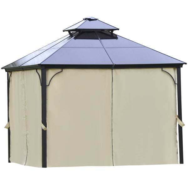 10' x 10' 2-Tier Outdoor Gazebo Canopy Tent with Polycarbonate Roof, Hardtop Gazebo with Curtains and Netting, for Garden, Lawn, Backyard, Deck, Beige