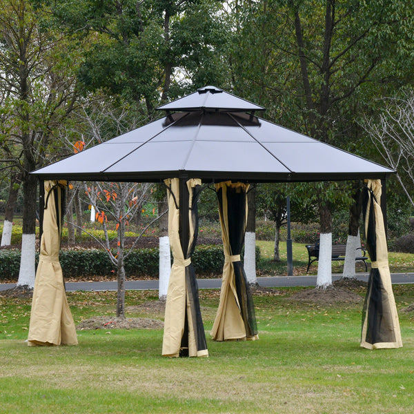 10' x 10' 2-Tier Outdoor Gazebo Canopy Tent with Polycarbonate Roof, Hardtop Gazebo with Curtains and Netting, for Garden, Lawn, Backyard, Deck, Beige