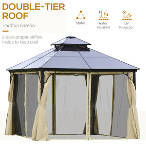 10' x 10' 2-Tier Outdoor Gazebo Canopy Tent with Polycarbonate Roof, Hardtop Gazebo with Curtains and Netting, for Garden, Lawn, Backyard, Deck, Beige