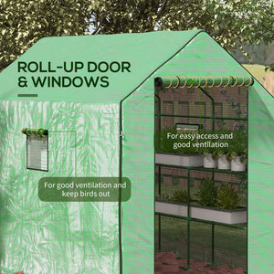 Walk-in Greenhouse with 3 Tier 12 Shelves, Small Greenhouse with Reinforced PE Cover, Garden Plant Growhouse with Roll-up Door and Three Mesh Windows, 140 x 213 x 190 cm, Green