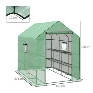 Walk-in Greenhouse with 3 Tier 12 Shelves, Small Greenhouse with Reinforced PE Cover, Garden Plant Growhouse with Roll-up Door and Three Mesh Windows, 140 x 213 x 190 cm, Green