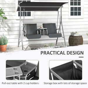 2 Person Porch Swing with Stand, Outdoor Swing with Canopy, Storage Table, 2 Cup Holders, Cushions for Patio, Backyard, Gray
