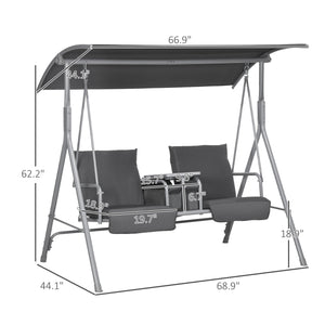 2 Person Porch Swing with Stand, Outdoor Swing with Canopy, Storage Table, 2 Cup Holders, Cushions for Patio, Backyard, Gray