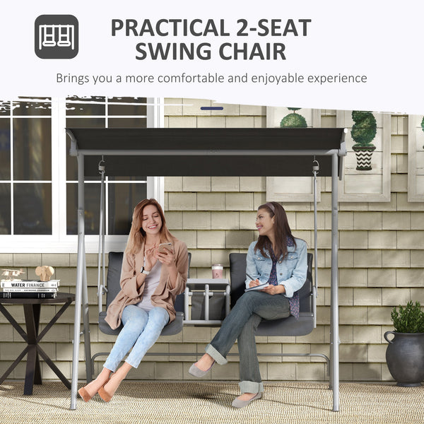 2 Person Porch Swing with Stand, Outdoor Swing with Canopy, Storage Table, 2 Cup Holders, Cushions for Patio, Backyard, Gray
