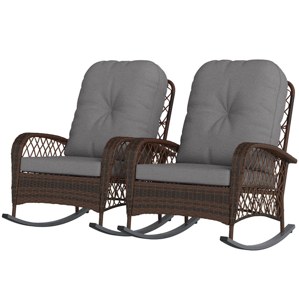 Rattan Rocking Chair Set of 2, Outdoor Wicker Patio Rocker Chair Furniture with Thick Cushions, for Garden Backyard Porch, Grey