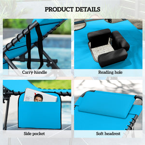 2 Piece Folding Chaise Lounge with 5-level Reclining Back, Tanning Chair with Face Hole, Outdoor Lounge Chair with Side Pocket & Headrest for Beach, Yard, Patio, Blue
