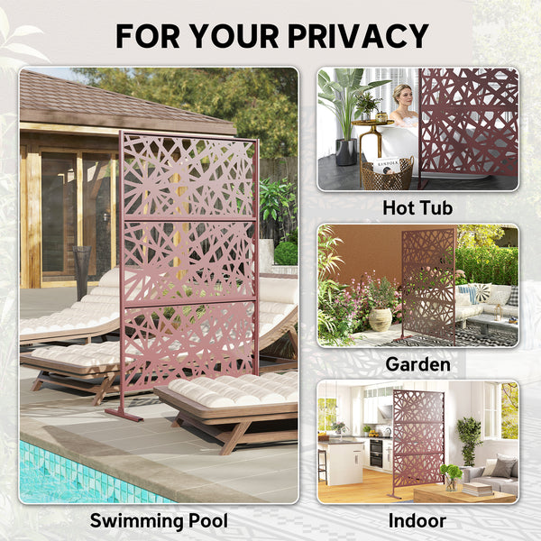 Metal Outdoor Privacy Screen, 78" x 48" Freestanding Outdoor Divider with Stand, Decorative Privacy Panel with Labyrinth Cut-out Design for Garden Patio, Dark Brown