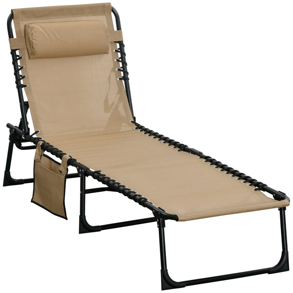 Folding Lounge Chair, Reclining Tanning Chair, Portable Sun Lounger with Adjustable Backrest and Removable Pillow for Patio, Garden, Beach, Beige