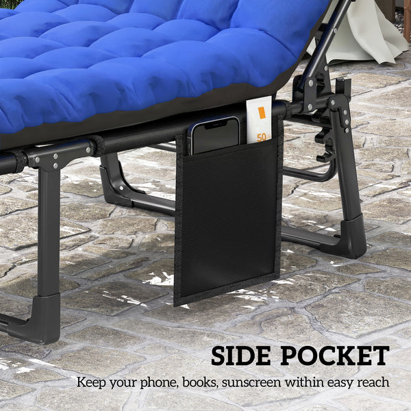 Lounge Chair Outdoor, 75 cm Wide Folding Chaise Lounge Tanning Chair, 5-Position Beach Patio Lounger Camping Cot Bed with Cushion, Side Pocket, Dark Grey/Blue