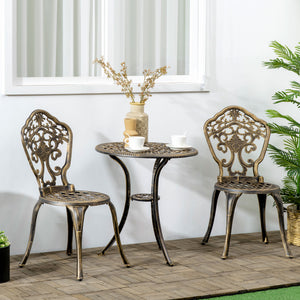 3 Piece Cast Aluminium Garden Bistro Set for 3, Outdoor Coffee Table Set with Parasol Hole, Two Armless Chairs and Round Coffee Table for Balcony, Patio, Bronze