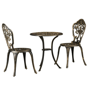 3 Piece Cast Aluminium Garden Bistro Set for 3, Outdoor Coffee Table Set with Parasol Hole, Two Armless Chairs and Round Coffee Table for Balcony, Patio, Bronze