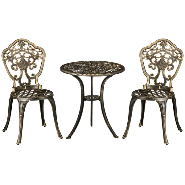 3 Piece Cast Aluminium Garden Bistro Set for 3, Outdoor Coffee Table Set with Parasol Hole, Two Armless Chairs and Round Coffee Table for Balcony, Patio, Bronze