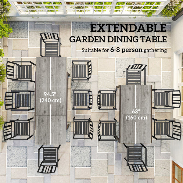 Extendable Patio Dining Table, 63"-94.5" Adjustable Outdoor Dining Table for 6-8 Person, Rectangular Table with Aluminium Edging, Steel Frame, for Porch, Deck, Garden