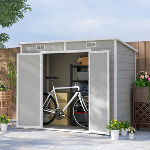 8' x 4' Outdoor Storage Shed, Resin Plastic Shed with Floor, Window, Lockable Doors and Vents, All-Weather Garden Shed for Backyard, Patio, Lawn, Light Grey