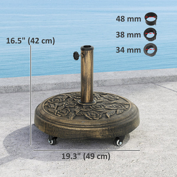 Round Patio Umbrella Base, 46 lbs Resin Umbrella Stand with Wheels, Outdoor Umbrella Stand for 1.3"/1.5"/1.9" Umbrella Poles for Outdoor, Lawn, Poolside, Bronze